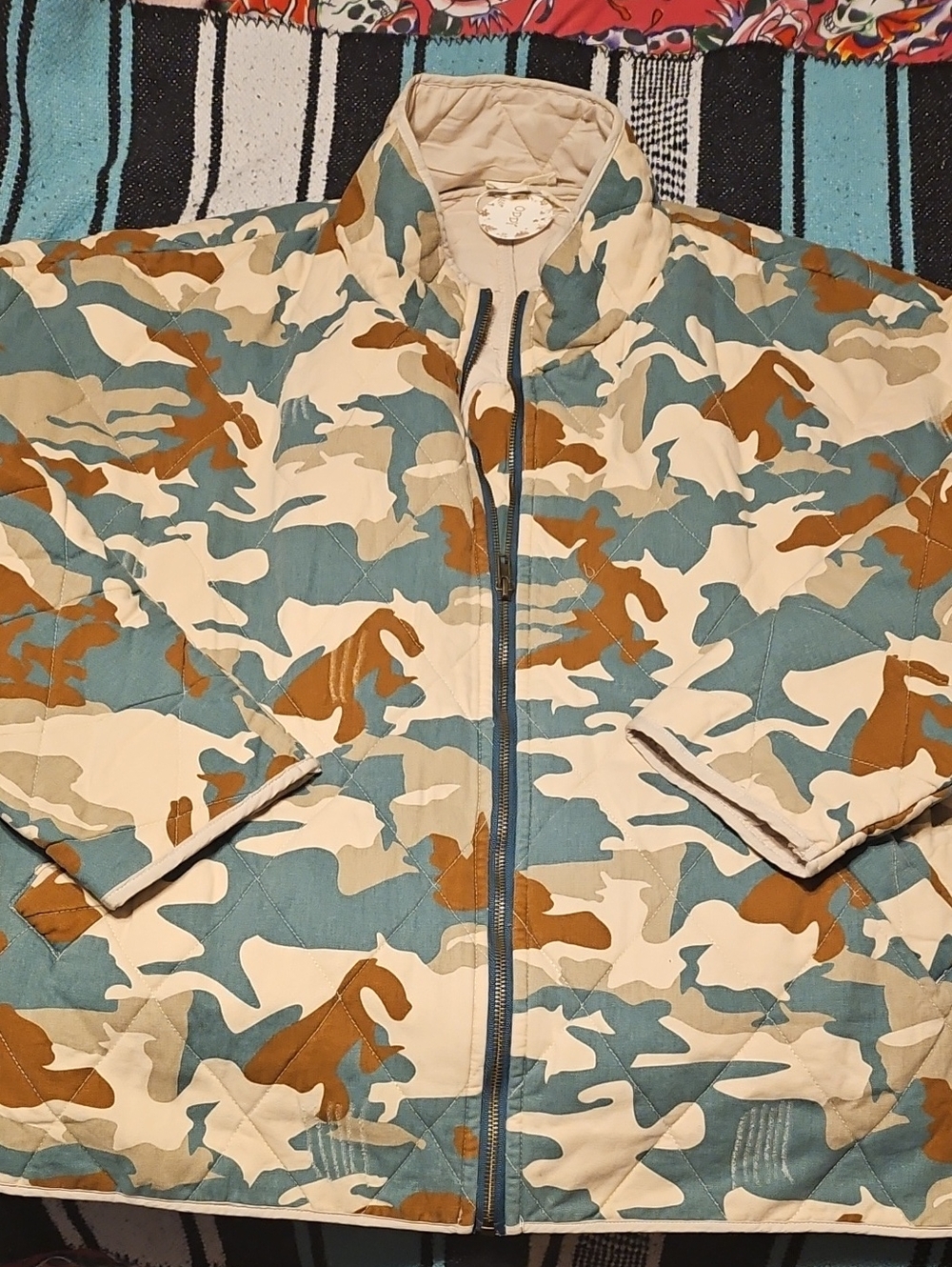 Quilted Camouflage Distressed Bomber Jacket - Beige, Tan & Blue